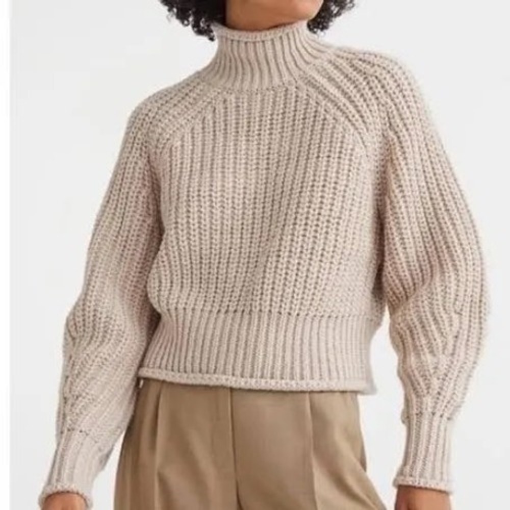 HM Beige Chunky Knit Turtleneck Sweater Balloon Sleeve Ribbed Pullover XS